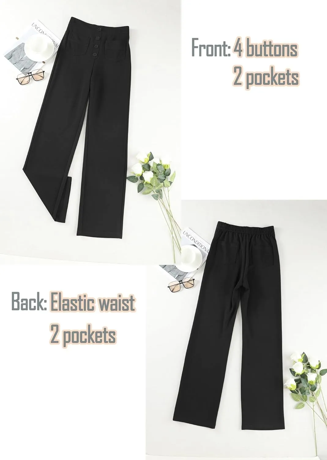 Straight Leg Pants Women Casual High Waist Button Elastic Trousers Tummy Control Stretch Pants with Multiple Pockets