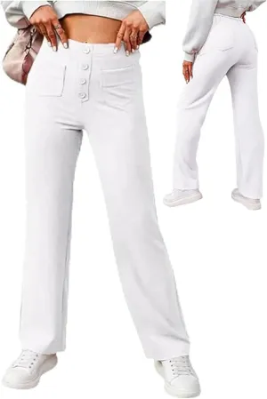 Straight Leg Pants Women Casual High Waist Button Elastic Trousers Tummy Control Stretch Pants with Multiple Pockets