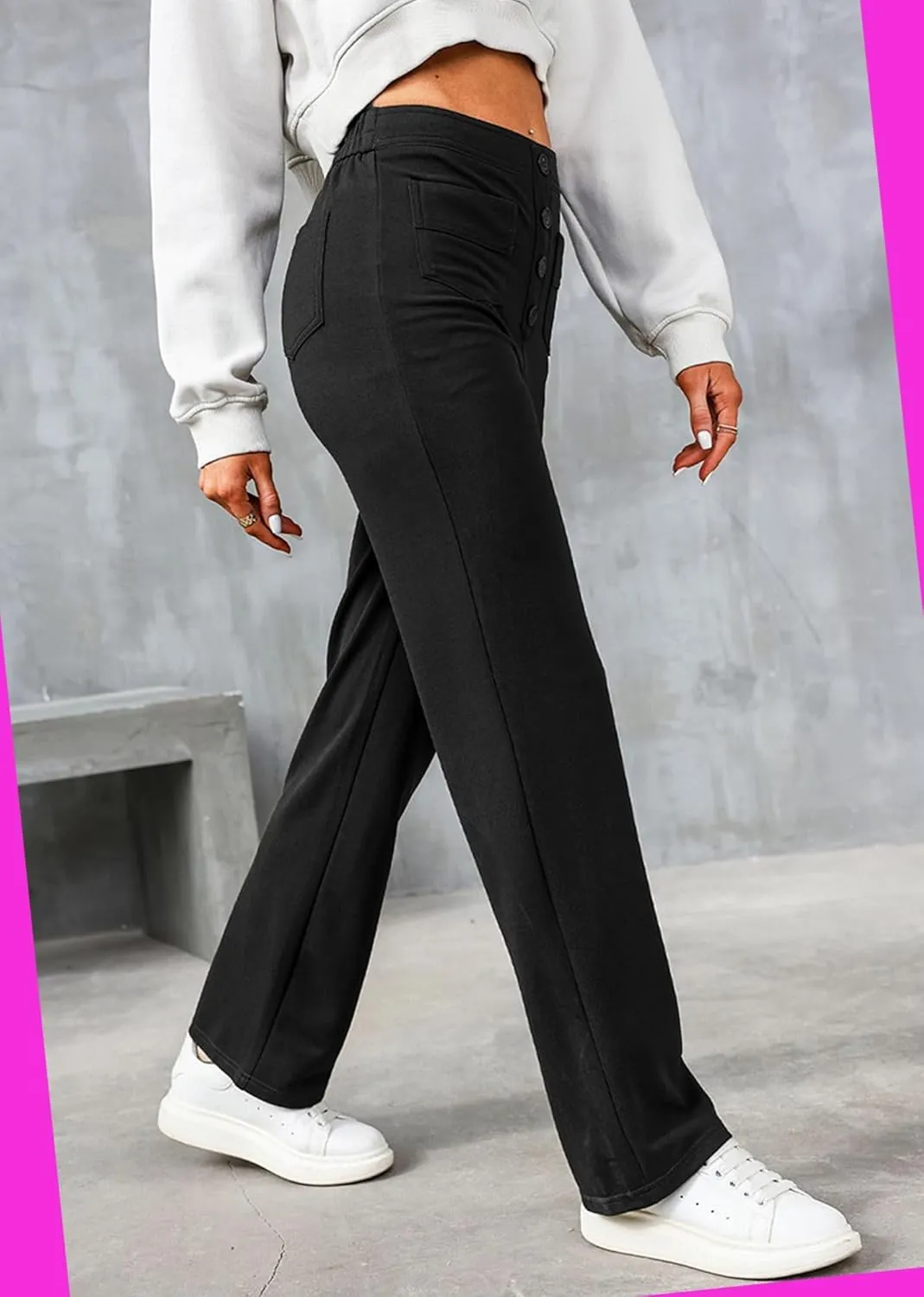 Straight Leg Pants Women Casual High Waist Button Elastic Trousers Tummy Control Stretch Pants with Multiple Pockets