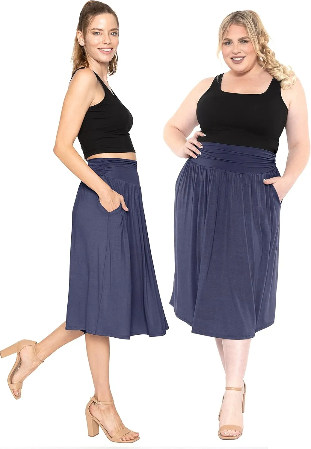 STRETCH IS COMFORT Womens and Plus Size Casual Ruched Below Knee Length Midi Skirt with Pockets
