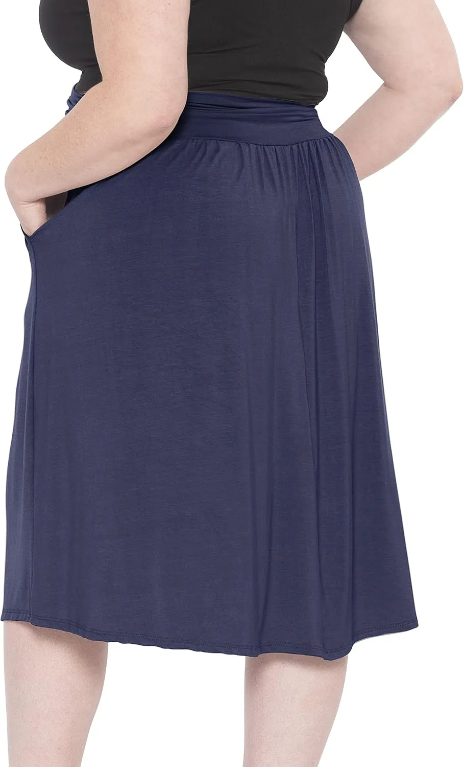 STRETCH IS COMFORT Womens and Plus Size Casual Ruched Below Knee Length Midi Skirt with Pockets
