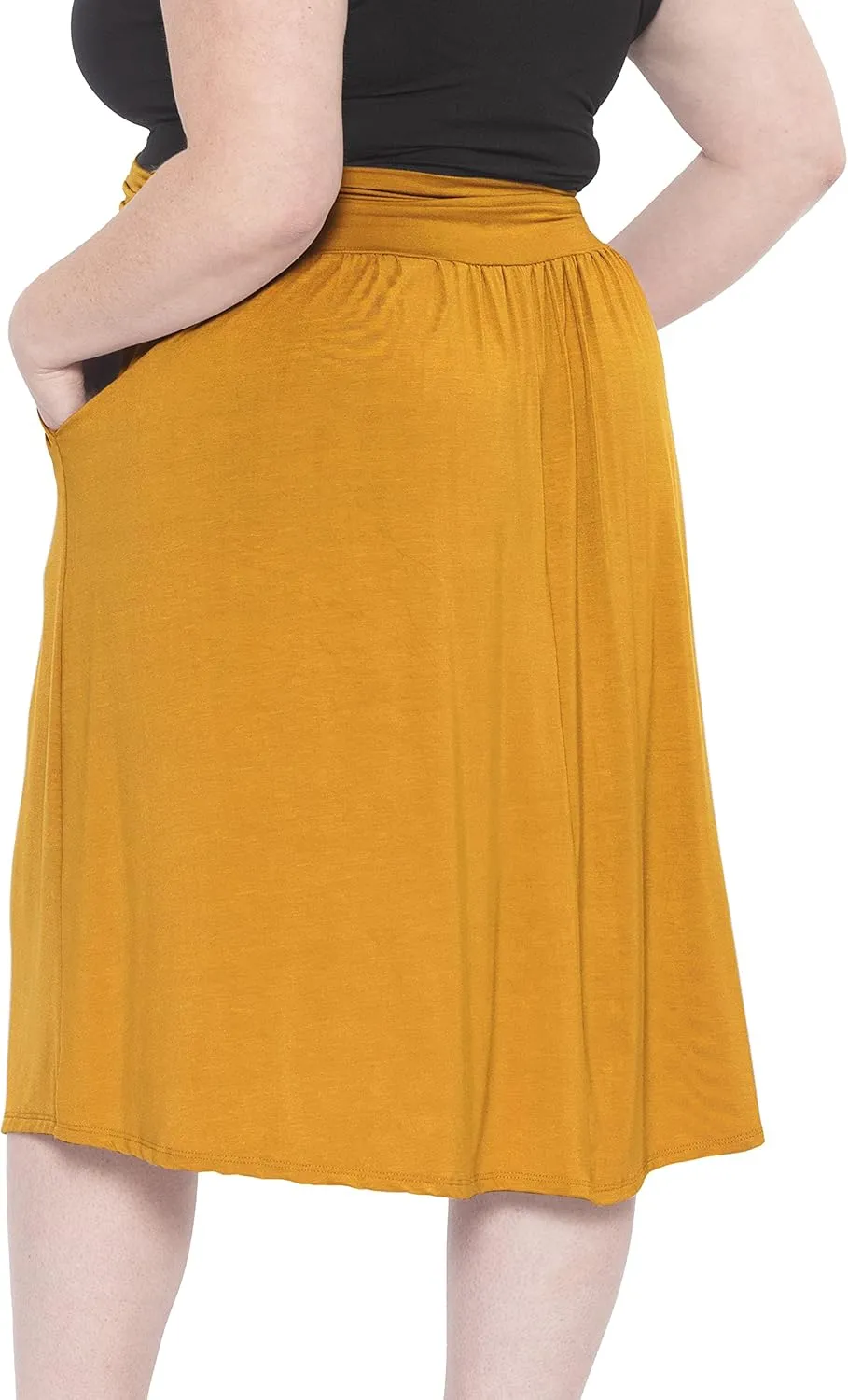 STRETCH IS COMFORT Womens and Plus Size Casual Ruched Below Knee Length Midi Skirt with Pockets