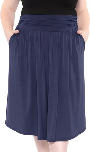 STRETCH IS COMFORT Womens and Plus Size Casual Ruched Below Knee Length Midi Skirt with Pockets