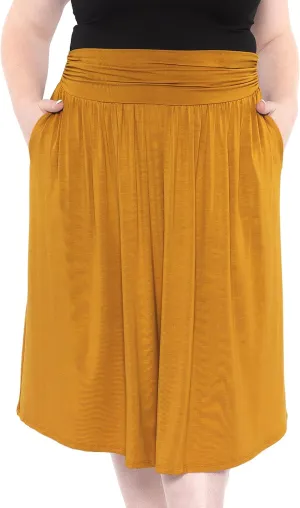 STRETCH IS COMFORT Womens and Plus Size Casual Ruched Below Knee Length Midi Skirt with Pockets