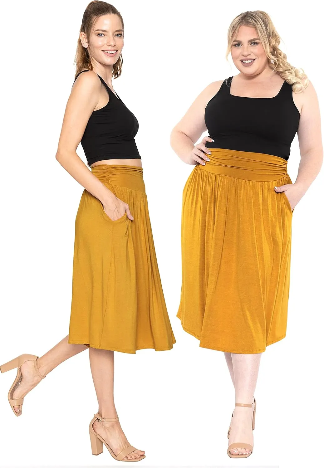 STRETCH IS COMFORT Womens and Plus Size Casual Ruched Below Knee Length Midi Skirt with Pockets
