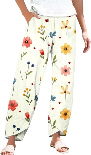 Striped Linen Pants for Women Boho Summer Casual Wide Leg Capri Pant with Pockets Comfy Cropped Palazzo Trousers