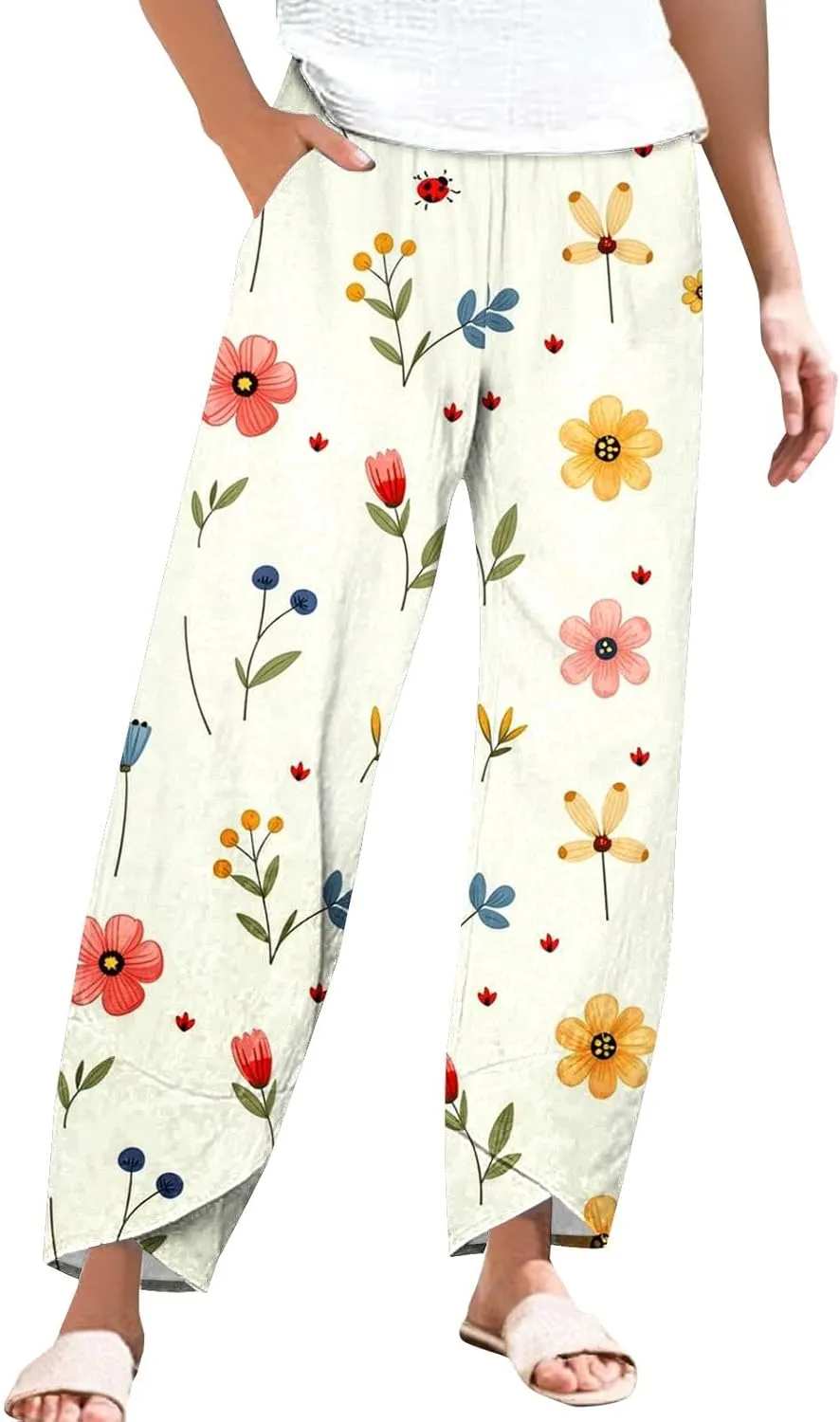 Striped Linen Pants for Women Boho Summer Casual Wide Leg Capri Pant with Pockets Comfy Cropped Palazzo Trousers