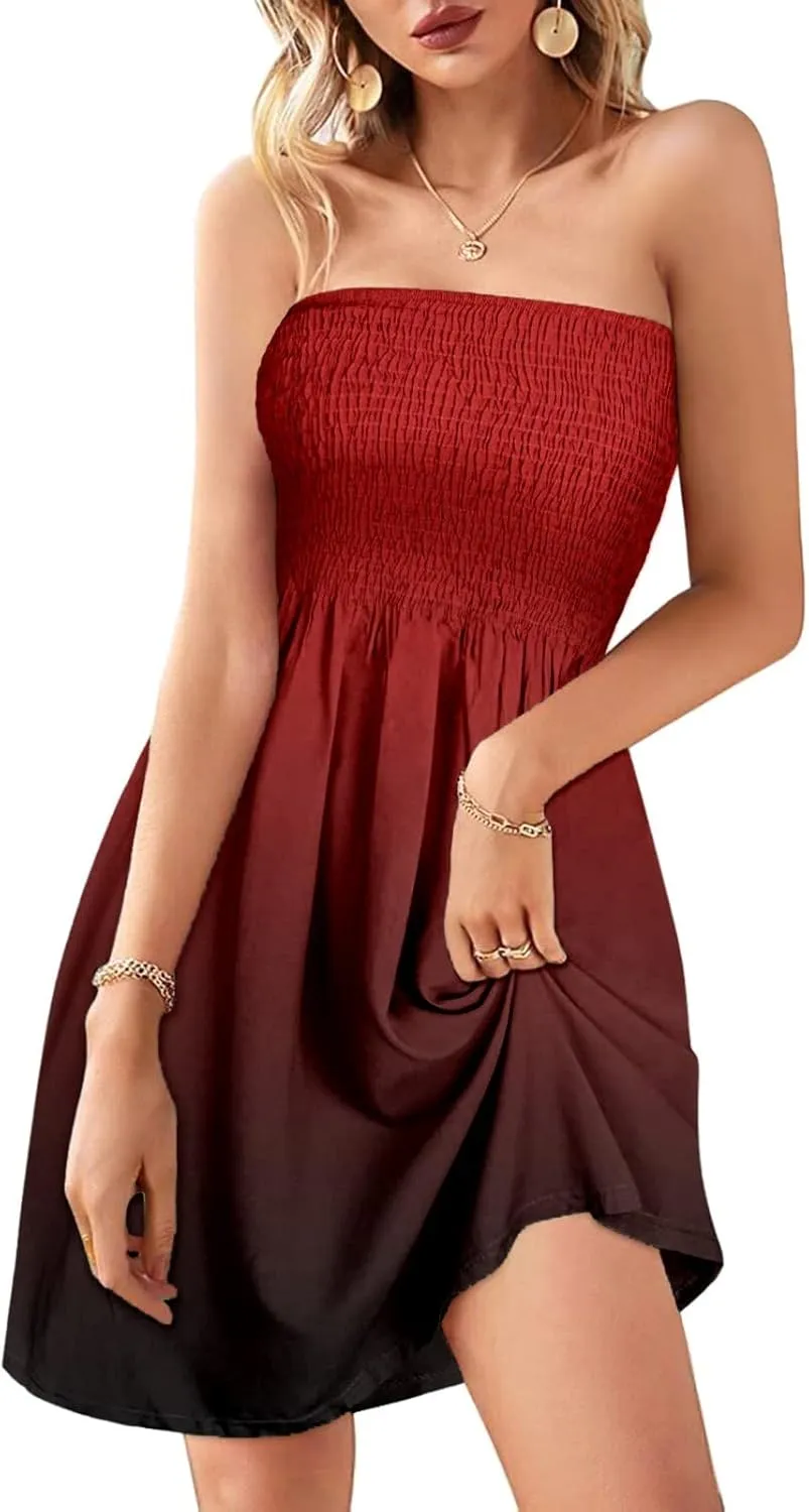 Summer Dress for Women Beach Floral Cover Ups Spaghetti Strap Sundress Smocked Strapless A-Line Mini Dresses 2025