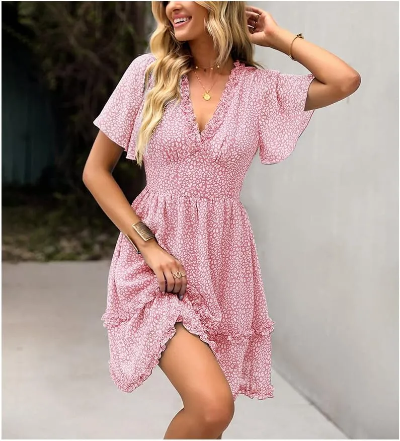 Summer Dress for Women, Ruffle Floral Short Sleeve Mini Dress Sexy V Neck Casual Women A Line Dresses