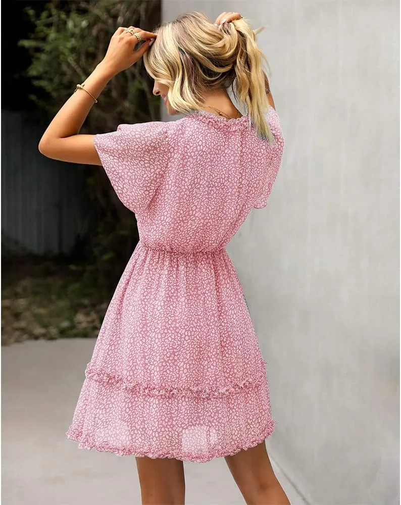 Summer Dress for Women, Ruffle Floral Short Sleeve Mini Dress Sexy V Neck Casual Women A Line Dresses