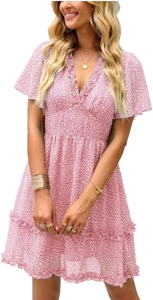 Summer Dress for Women, Ruffle Floral Short Sleeve Mini Dress Sexy V Neck Casual Women A Line Dresses