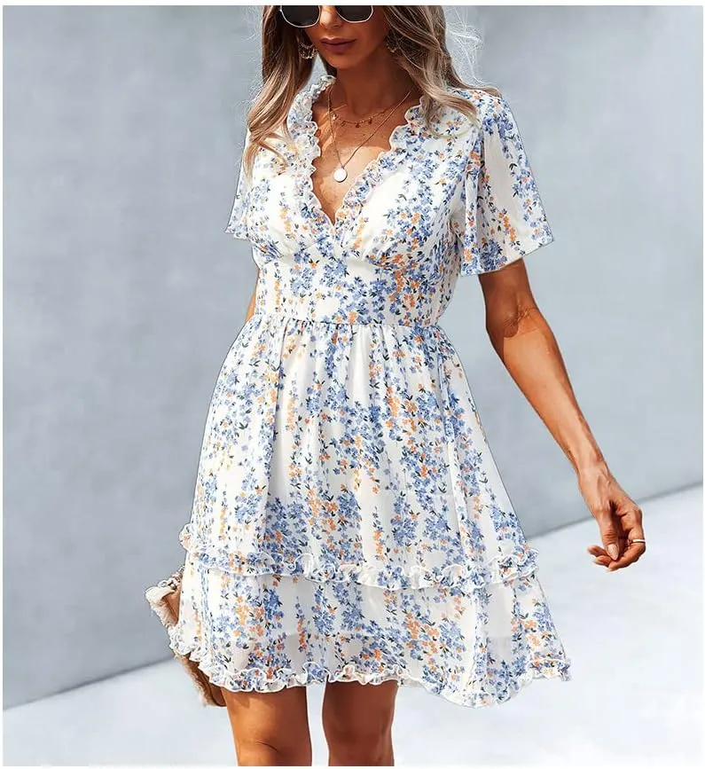 Summer Dress for Women, Ruffle Floral Short Sleeve Mini Dress Sexy V Neck Casual Women A Line Dresses