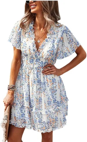 Summer Dress for Women, Ruffle Floral Short Sleeve Mini Dress Sexy V Neck Casual Women A Line Dresses