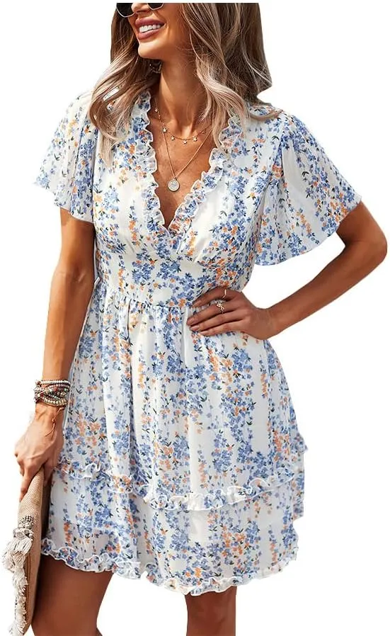 Summer Dress for Women, Ruffle Floral Short Sleeve Mini Dress Sexy V Neck Casual Women A Line Dresses