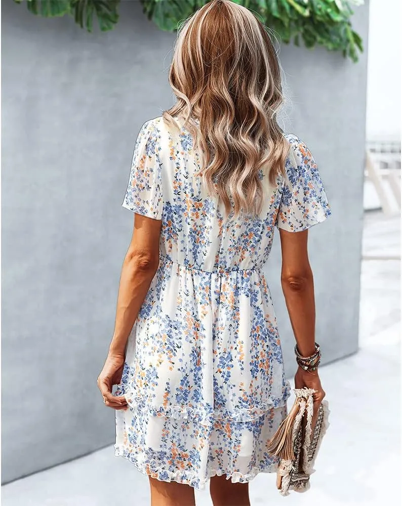 Summer Dress for Women, Ruffle Floral Short Sleeve Mini Dress Sexy V Neck Casual Women A Line Dresses