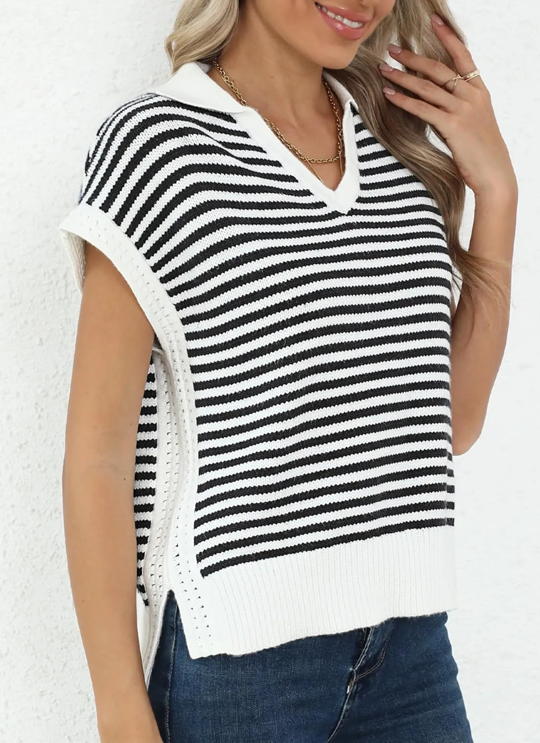 Summer Sweater Vest for Women Knit Sleeveless Striped Johnny Collar Pullover Tank Tops V Neck Cap Sleeve Blouse