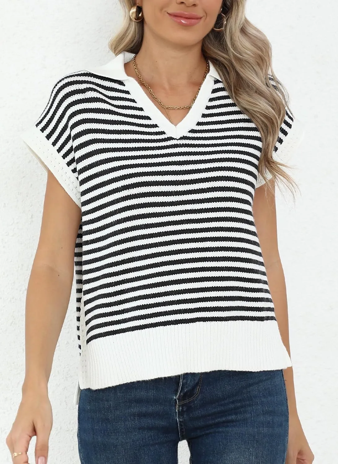Summer Sweater Vest for Women Knit Sleeveless Striped Johnny Collar Pullover Tank Tops V Neck Cap Sleeve Blouse