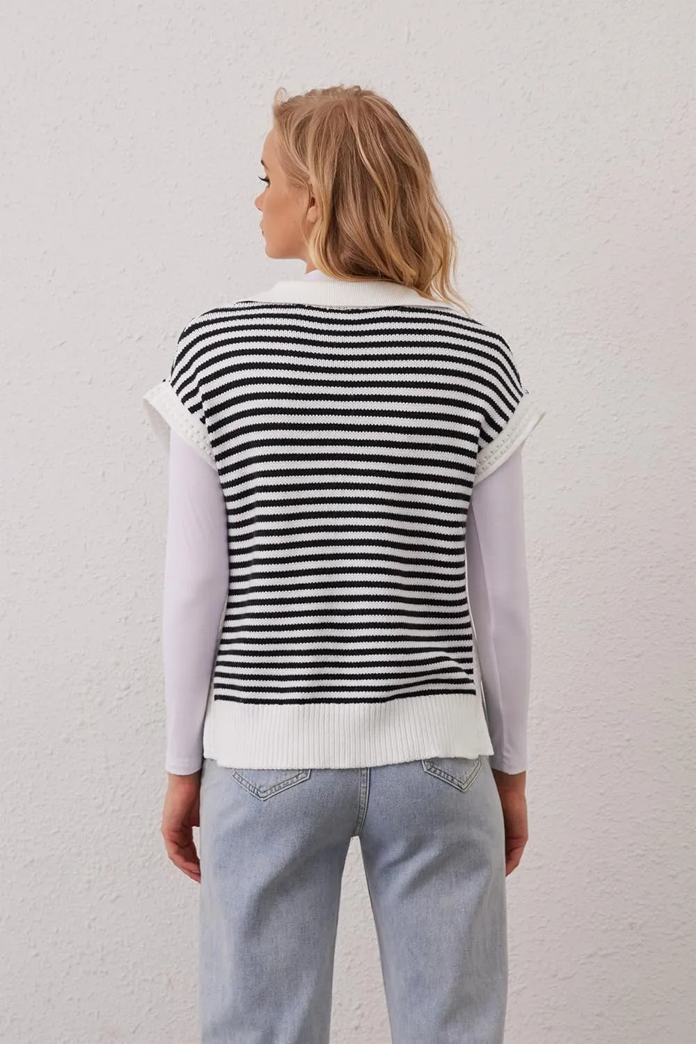 Summer Sweater Vest for Women Knit Sleeveless Striped Johnny Collar Pullover Tank Tops V Neck Cap Sleeve Blouse