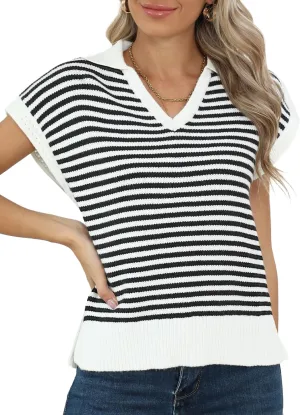 Summer Sweater Vest for Women Knit Sleeveless Striped Johnny Collar Pullover Tank Tops V Neck Cap Sleeve Blouse