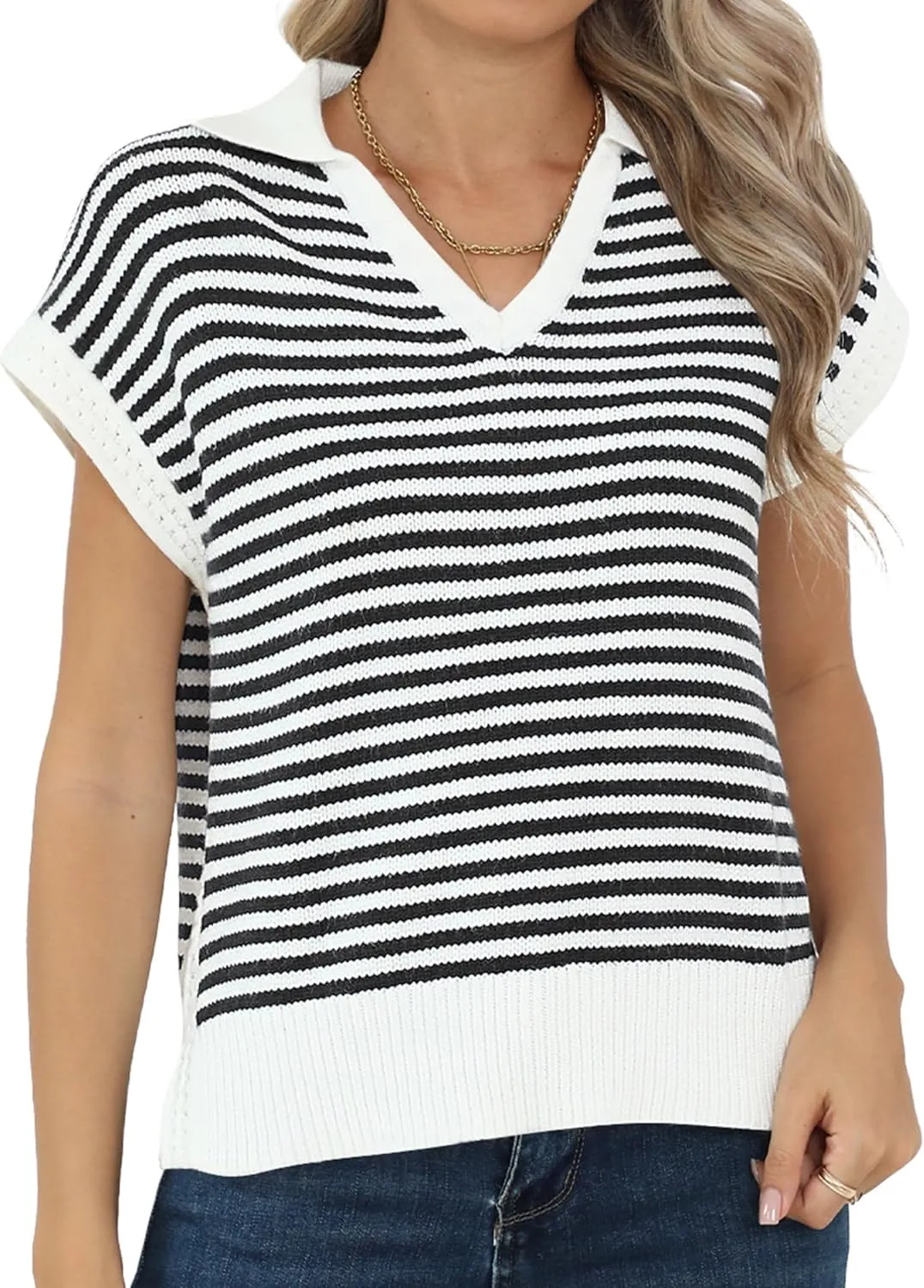 Summer Sweater Vest for Women Knit Sleeveless Striped Johnny Collar Pullover Tank Tops V Neck Cap Sleeve Blouse
