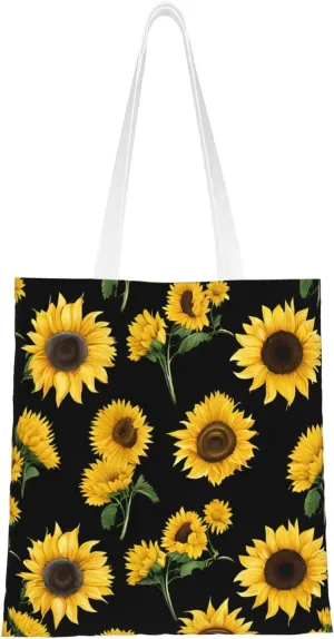 (Sunflower Blooming Flowers Plants Black And Yellow) Reusable Canvas Tote Bag For Women Lightweight Handbag Shopping Bag Stylish Shoulder Bag