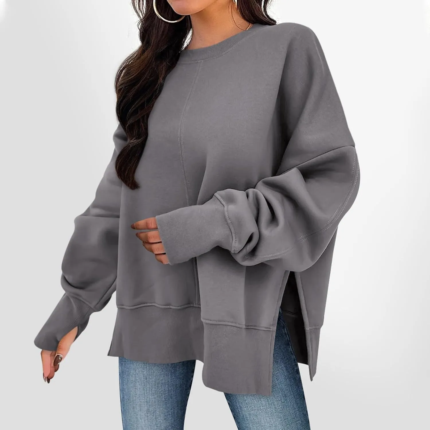 Sweaters for Women Oversized Sweatshirt Side Split Solid Plain Comfort Hoodie with Thumb Hole Fall Fashion 2024