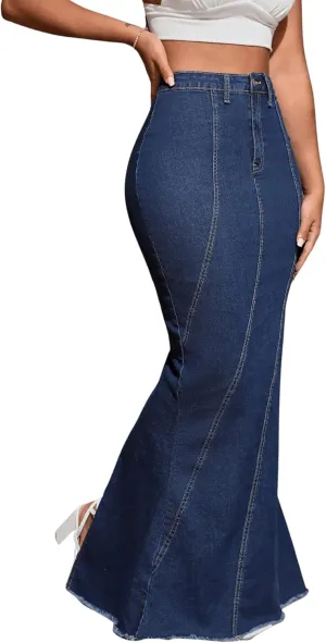 SweatyRocks Women's Casual Raw Hem High Waist Jean Skirt Long A Line Denim Skirts with Pocket