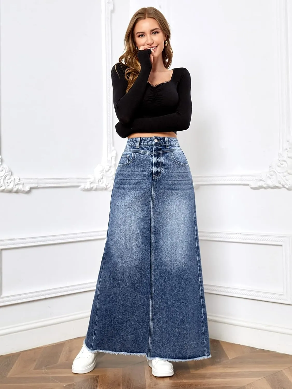 SweatyRocks Women's Casual Raw Hem High Waist Jean Skirt Long A Line Denim Skirts with Pocket
