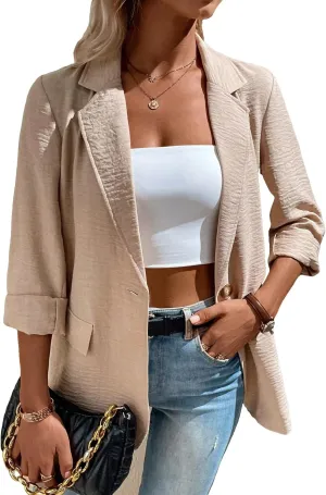SweatyRocks Women's Long Sleeve Lapel Neck Single Button Front Solid Blazer Casual Lightweight Office Jackets with Pockets