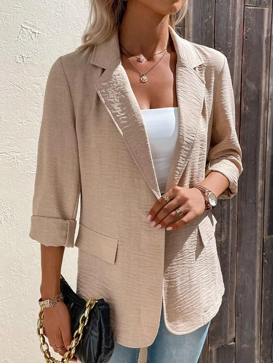 SweatyRocks Women's Long Sleeve Lapel Neck Single Button Front Solid Blazer Casual Lightweight Office Jackets with Pockets