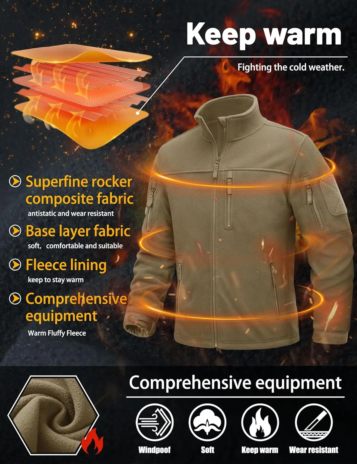 TACVASEN Men's Fleece Jacket Full Zip Winter Jacket Lightweight Tactical Jackets Outdoor Hiking Coats with Pockets