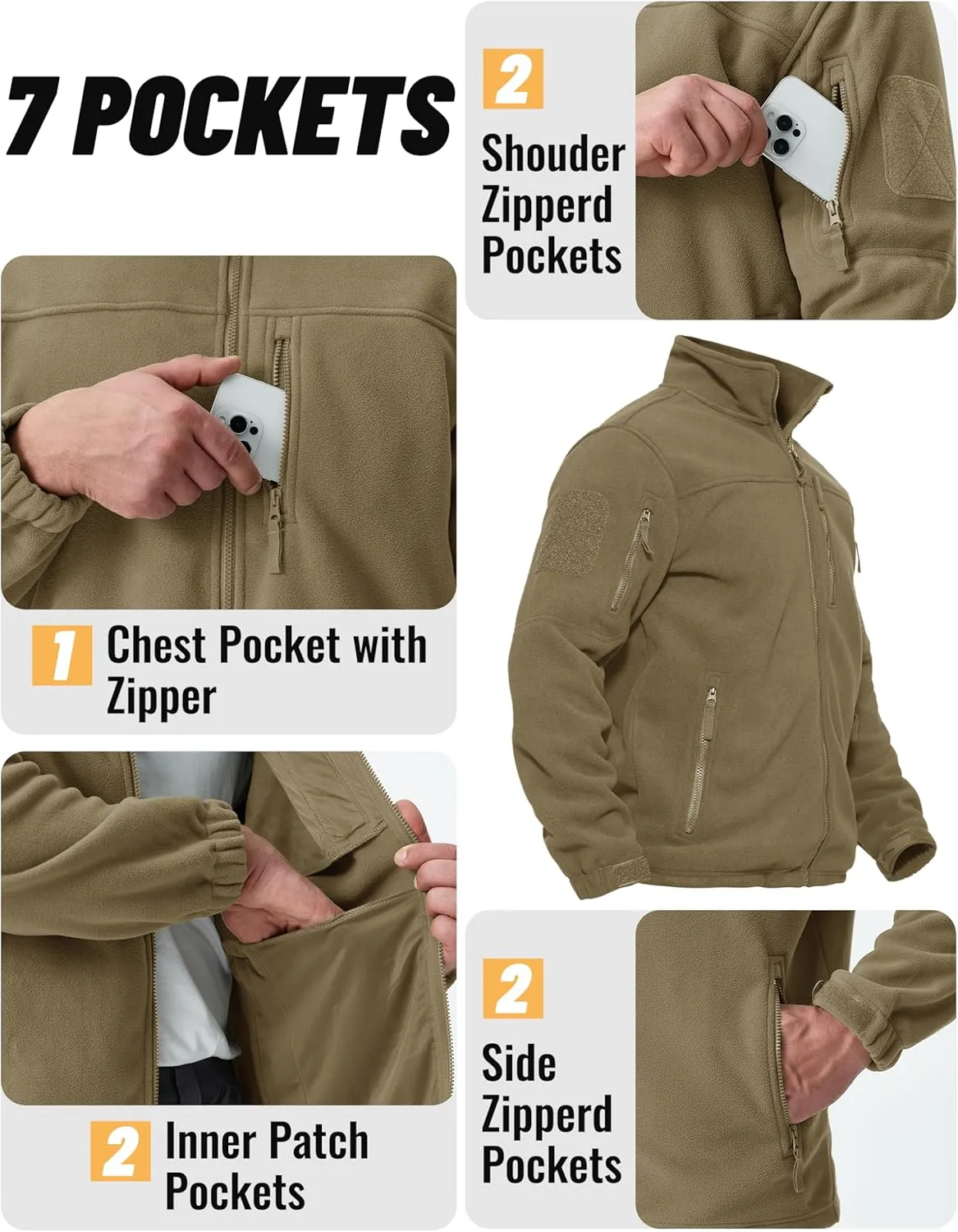 TACVASEN Men's Fleece Jacket Full Zip Winter Jacket Lightweight Tactical Jackets Outdoor Hiking Coats with Pockets