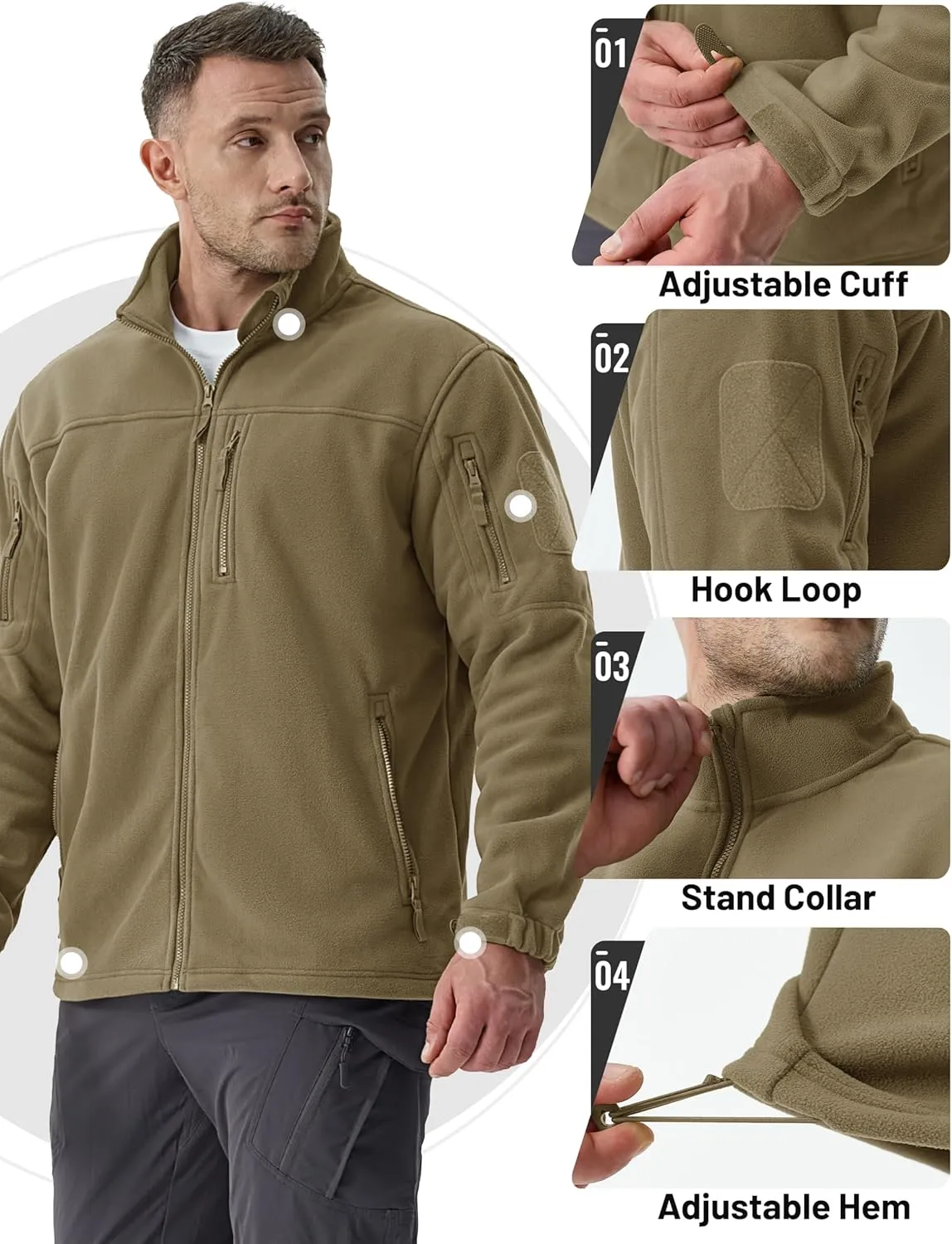 TACVASEN Men's Fleece Jacket Full Zip Winter Jacket Lightweight Tactical Jackets Outdoor Hiking Coats with Pockets