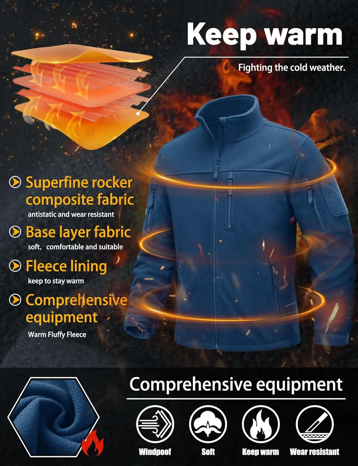 TACVASEN Men's Fleece Jacket Full Zip Winter Jacket Lightweight Tactical Jackets Outdoor Hiking Coats with Pockets