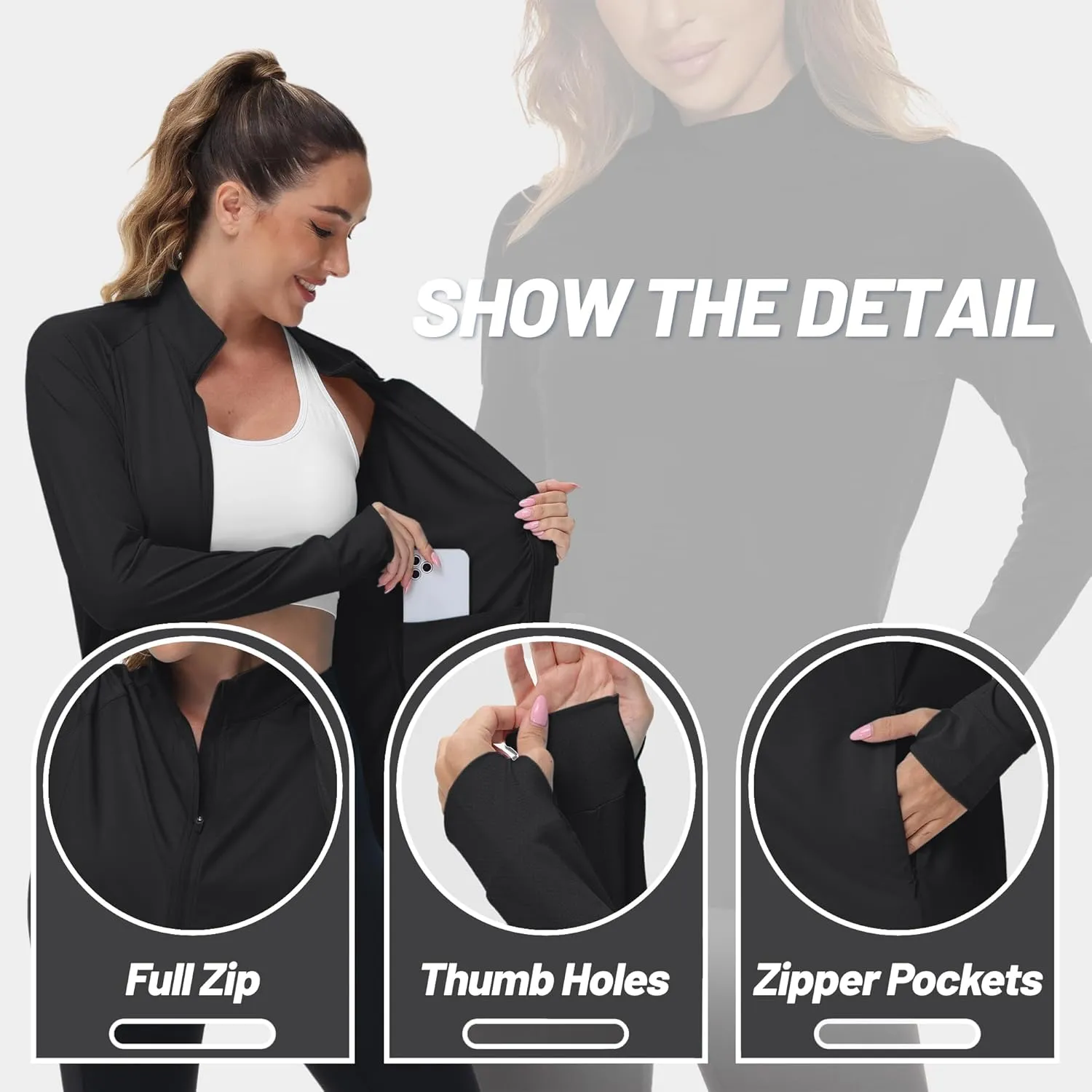 TACVASEN Women's Athletic Jackets Lightweight UV Protection Shirts Full Zip Workout Jacket UPF 50  Long Sleeve Sun Shirt