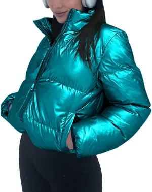 Tankaneo Womens Cropped Shiny Puffer Jacket Lightweight Quilted Stand Collar Winter Warm Down Coat