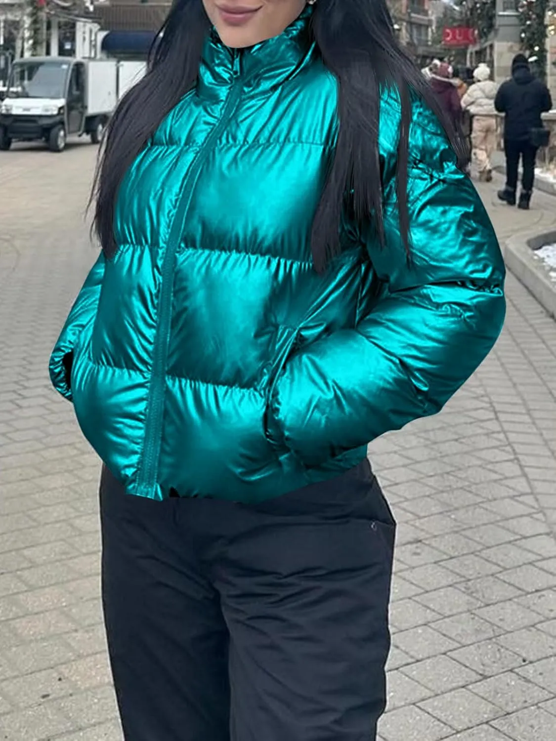 Tankaneo Womens Cropped Shiny Puffer Jacket Lightweight Quilted Stand Collar Winter Warm Down Coat