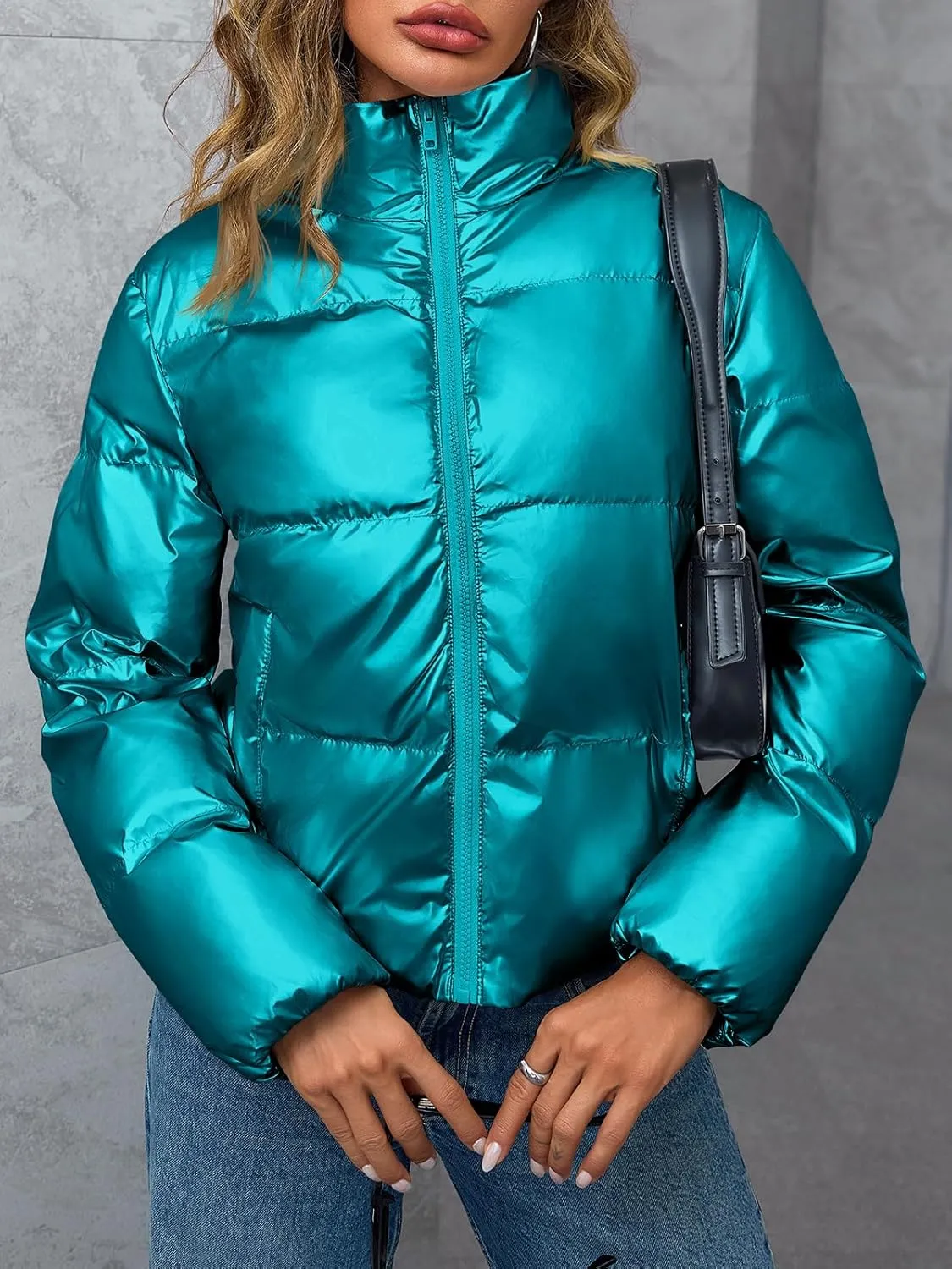 Tankaneo Womens Cropped Shiny Puffer Jacket Lightweight Quilted Stand Collar Winter Warm Down Coat
