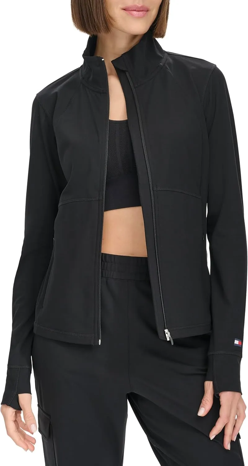 Tommy Hilfiger Women's Zippered Pockets Mock Neck Semi Fitted Cozy Peached Workout Jacket