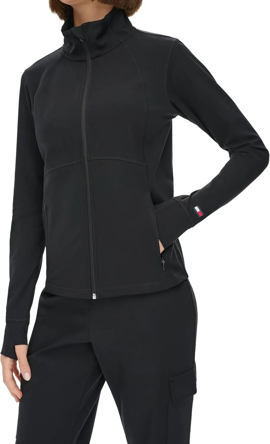 Tommy Hilfiger Women's Zippered Pockets Mock Neck Semi Fitted Cozy Peached Workout Jacket