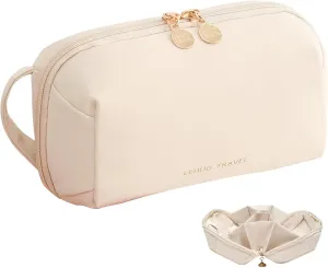 Travel Makeup Bag, Durable Waterproof Fabric Cosmetic Organizer with Dividers, Portable Pouch for Women, Multi-Compartment Toiletry & Digital Accessory Case with Handle(Off White)