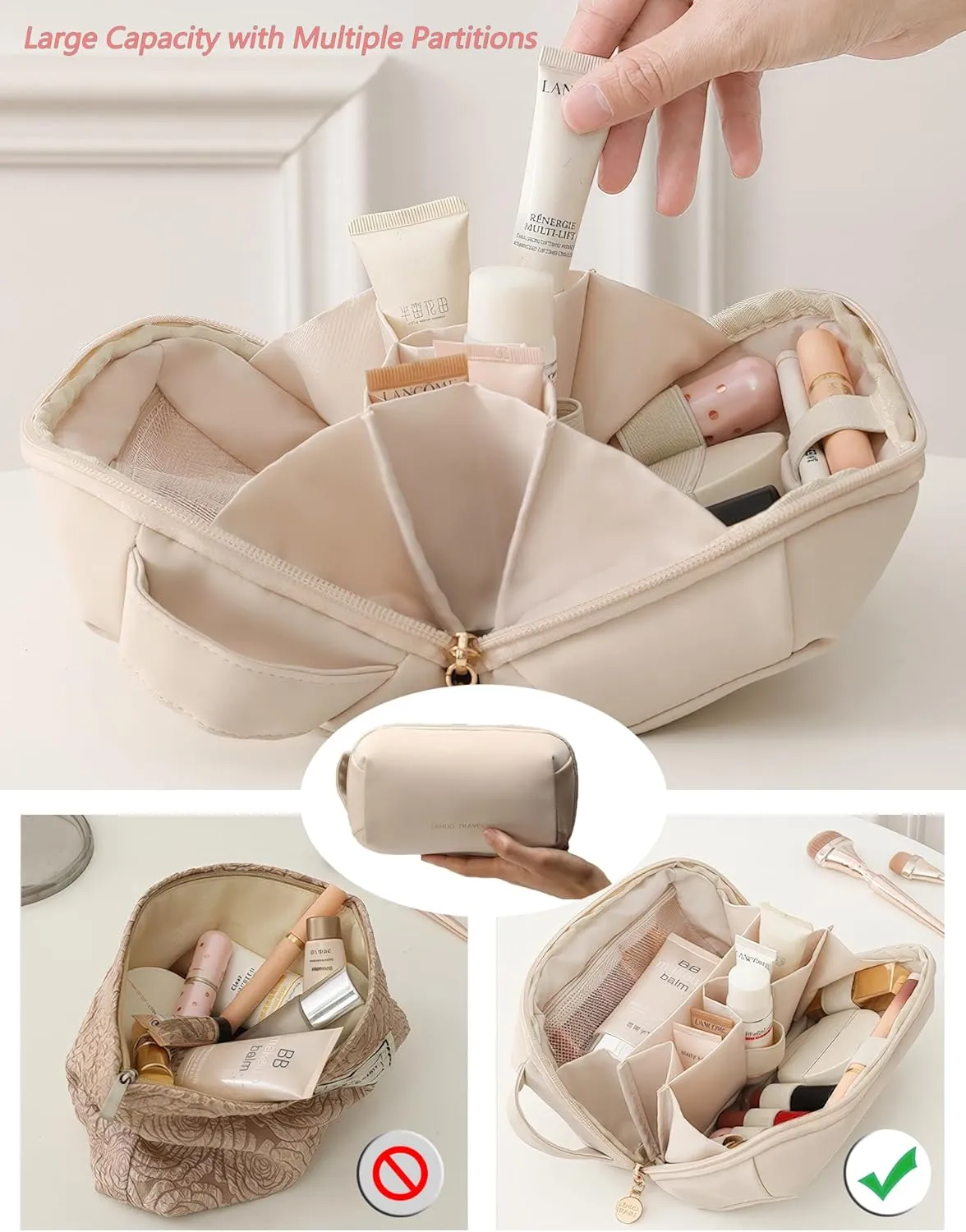 Travel Makeup Bag, Durable Waterproof Fabric Cosmetic Organizer with Dividers, Portable Pouch for Women, Multi-Compartment Toiletry & Digital Accessory Case with Handle(Pink)