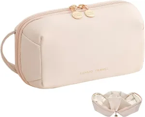 Travel Makeup Bag, Durable Waterproof Fabric Cosmetic Organizer with Dividers, Portable Pouch for Women, Multi-Compartment Toiletry & Digital Accessory Case with Handle(Pink)