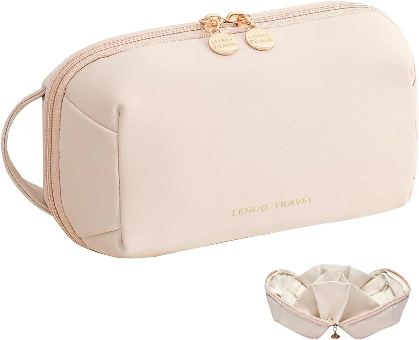 Travel Makeup Bag, Durable Waterproof Fabric Cosmetic Organizer with Dividers, Portable Pouch for Women, Multi-Compartment Toiletry & Digital Accessory Case with Handle(Pink)