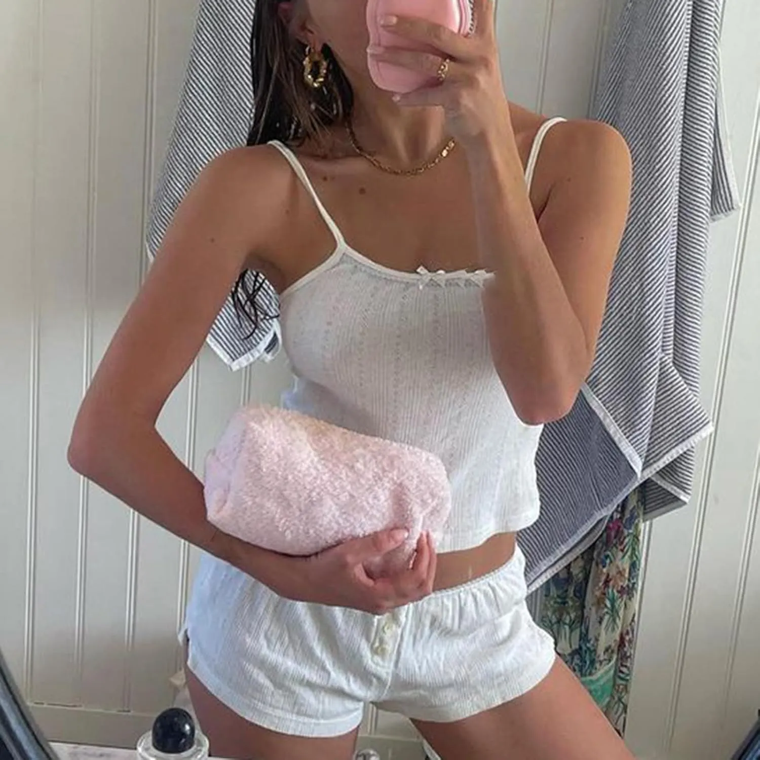 Tsultryofs Two Piece Pajama Set for Women Y2K Pj Outfits Sleeveless Knit Camisole with Elastic High Waist Shorts Loungewear