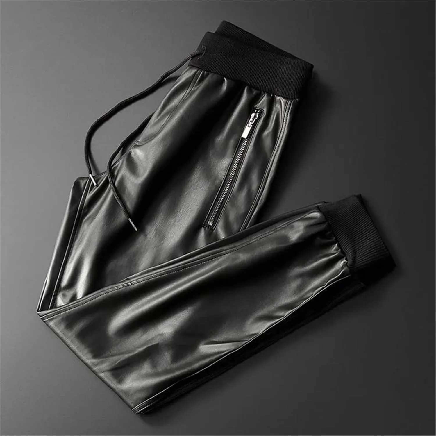 UIOKLMJH Men's Harem Leather Pants Elastic Waist Fashion Flat Motorcycle Trousers with Pockets