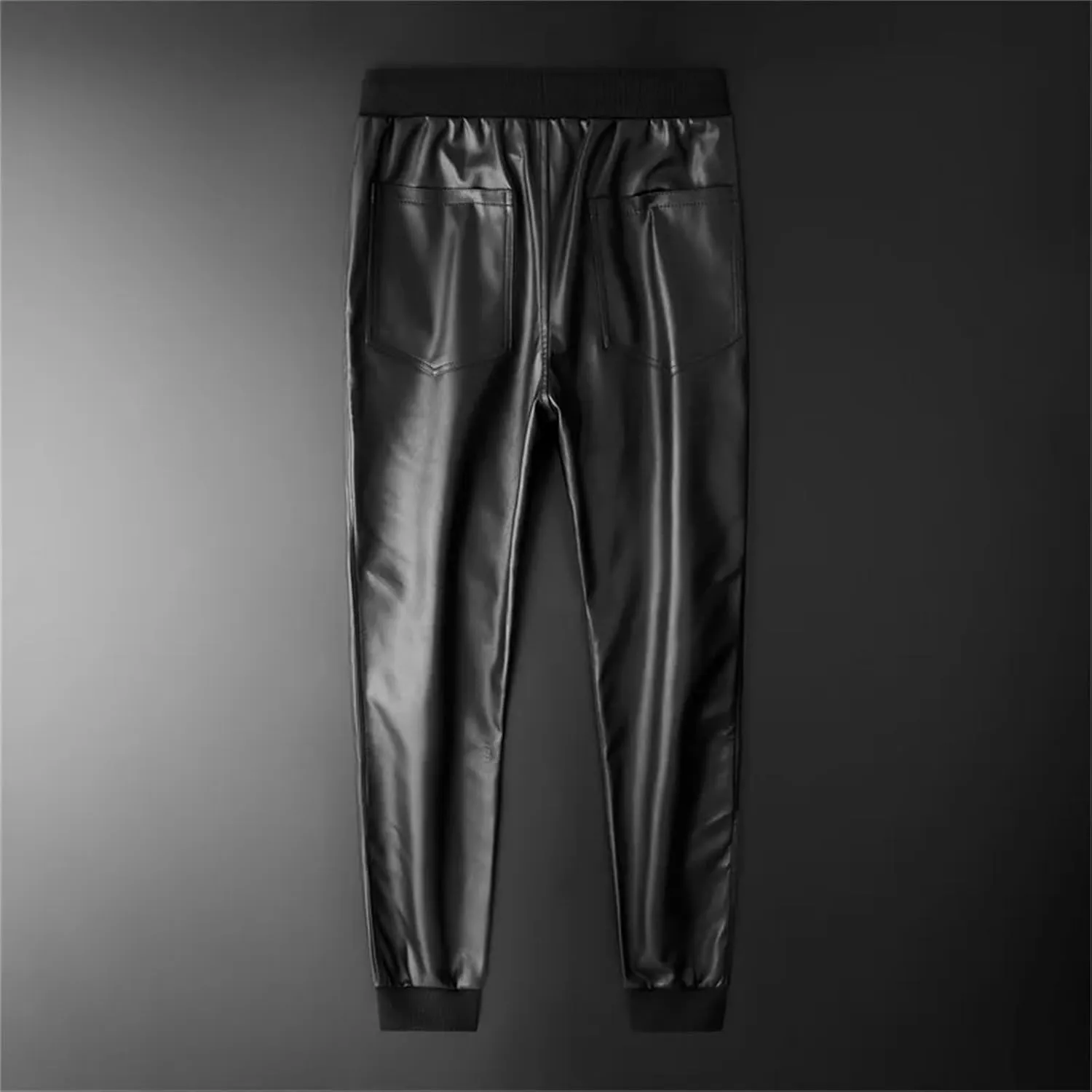 UIOKLMJH Men's Harem Leather Pants Elastic Waist Fashion Flat Motorcycle Trousers with Pockets
