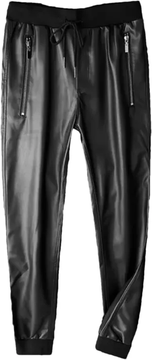 UIOKLMJH Men's Harem Leather Pants Elastic Waist Fashion Flat Motorcycle Trousers with Pockets
