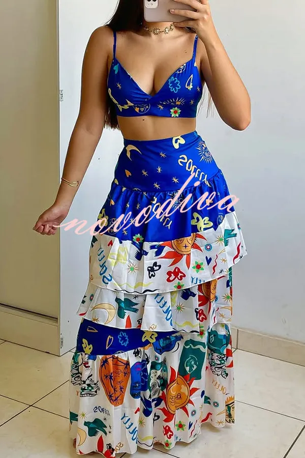 Unique Printed Suspenders Top and Loose Paneled Beach Maxi Skirt Set