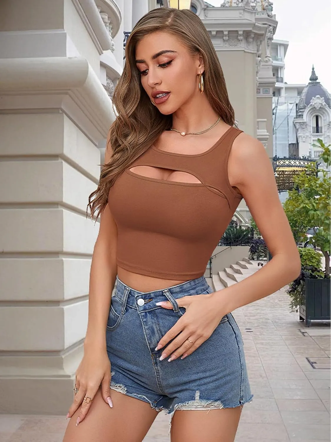 V FOR CITY Crop Tops for Women Front Cutout Cropped Tank Summer Sleeveless Cotton Cami Shirts